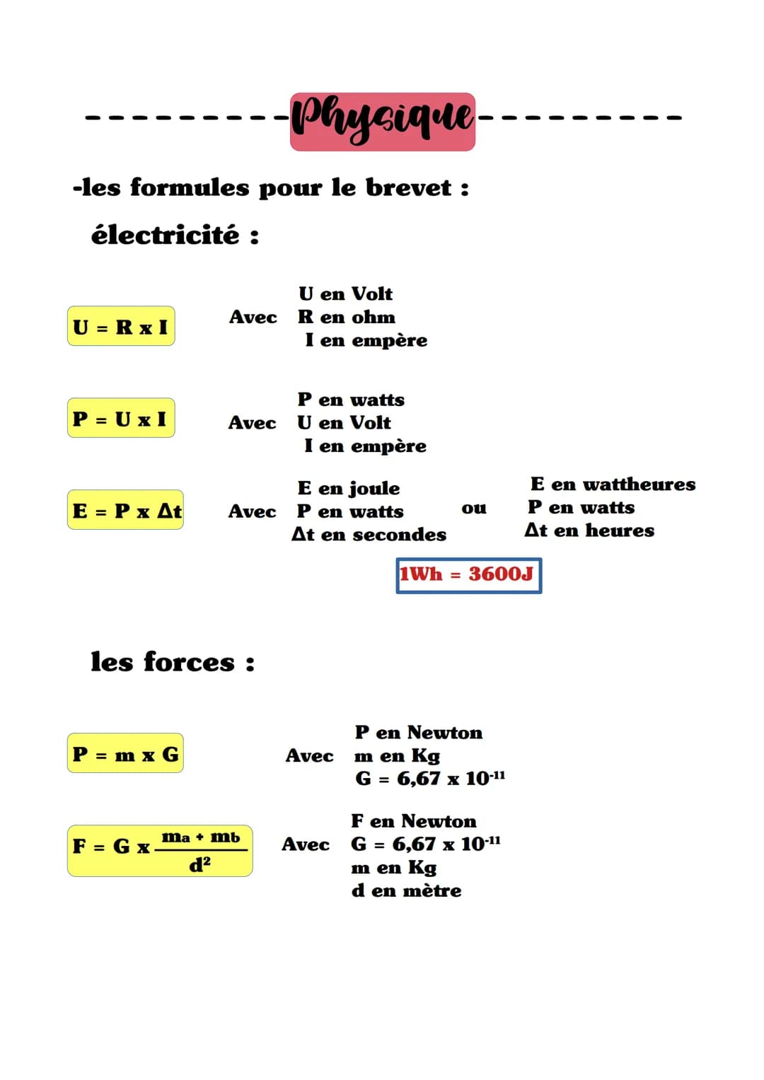 -Physique-
-les formules pour le brevet :
électricité :
U =R xI
P = UxI
E = P x At
P = mx G
Avec
F =G x
Avec
les forces :
Avec
ma + mb
d²
U 
