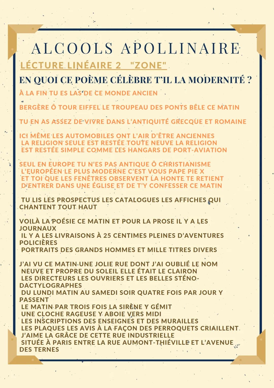 ;
ALCOOLS APOLLINAIRE
LÉCTURE. LINÉAIRE 2 "ZONE".
EN QUOI CE POÈME CÉLÈBRE T'IL LA MODERNITÉ ?
À LA FIN TU ES LAS'DE CE MONDE ANCIEN.
BERGÈR
