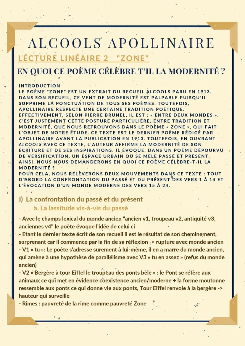 ;
ALCOOLS APOLLINAIRE
LÉCTURE. LINÉAIRE 2 "ZONE".
EN QUOI CE POÈME CÉLÈBRE T'IL LA MODERNITÉ ?
À LA FIN TU ES LAS'DE CE MONDE ANCIEN.
BERGÈR