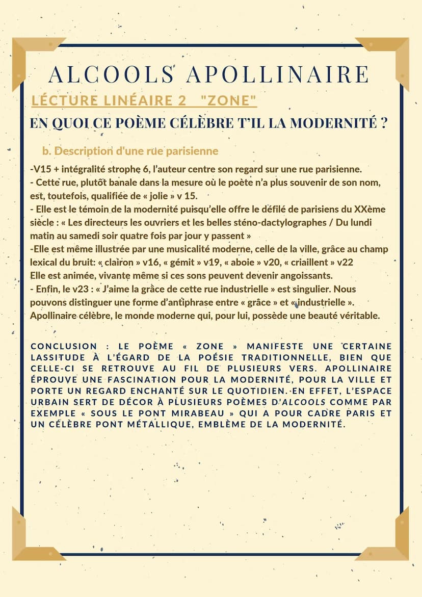 ;
ALCOOLS APOLLINAIRE
LÉCTURE. LINÉAIRE 2 "ZONE".
EN QUOI CE POÈME CÉLÈBRE T'IL LA MODERNITÉ ?
À LA FIN TU ES LAS'DE CE MONDE ANCIEN.
BERGÈR