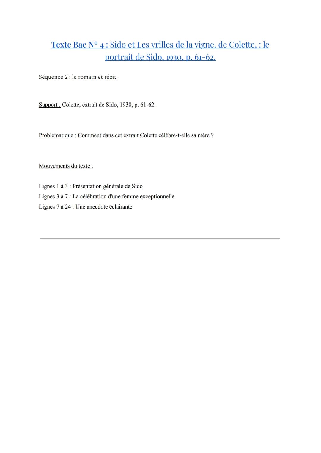 Texte Bac N° 4 : Sido et Les vrilles de la vigne, de Colette, le
portrait de Sido, 1930, p. 61-62.
Séquence 2: le romain et récit.
Support: 