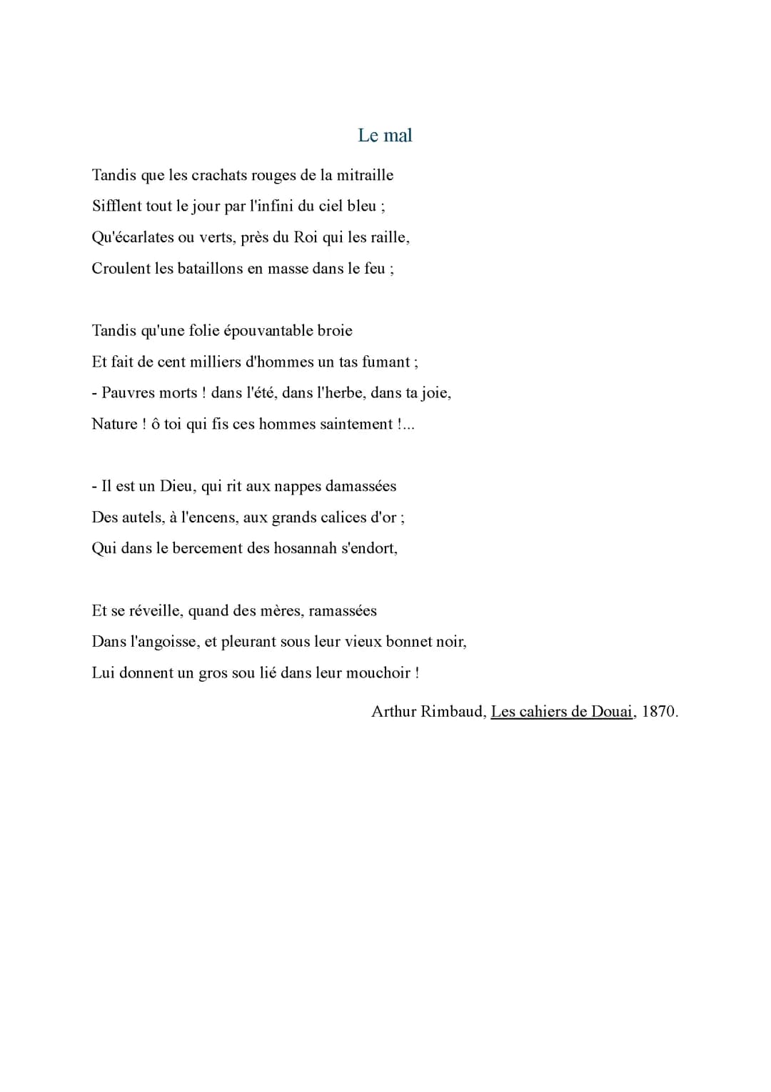 "Le Mal" Arthur Rimbaud Analyse linéaire 