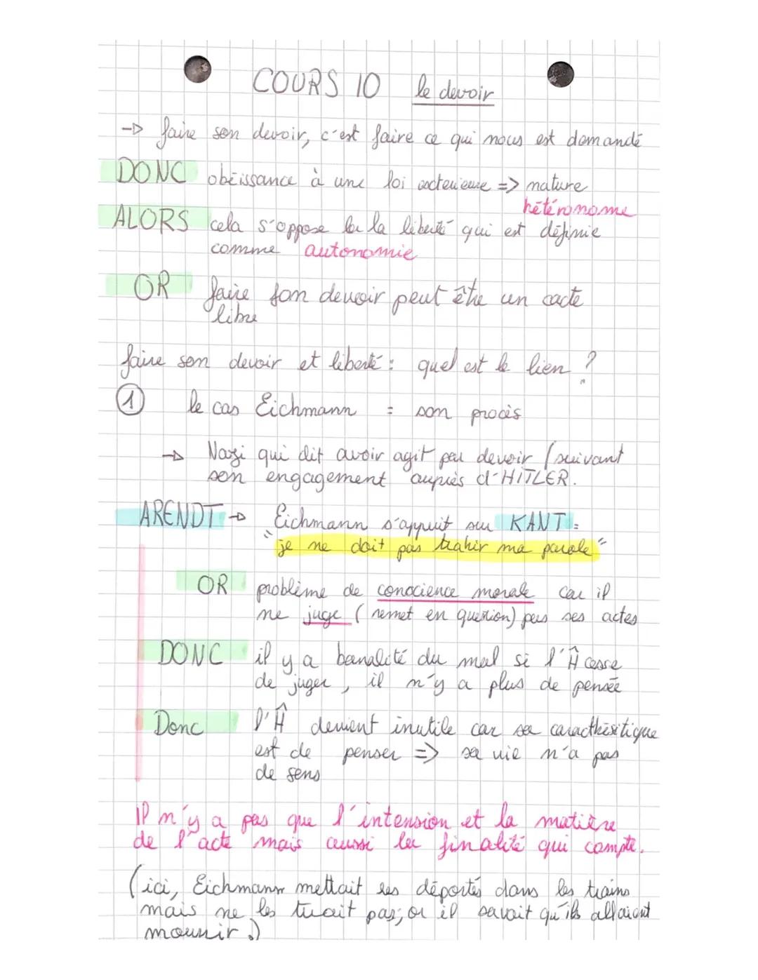 COURS 10 le divoir
-D faire son devoir, c'est faire ce qui nous est domande
DONC obeissance à une loi socterieure => nature
hétéronome
ALORS