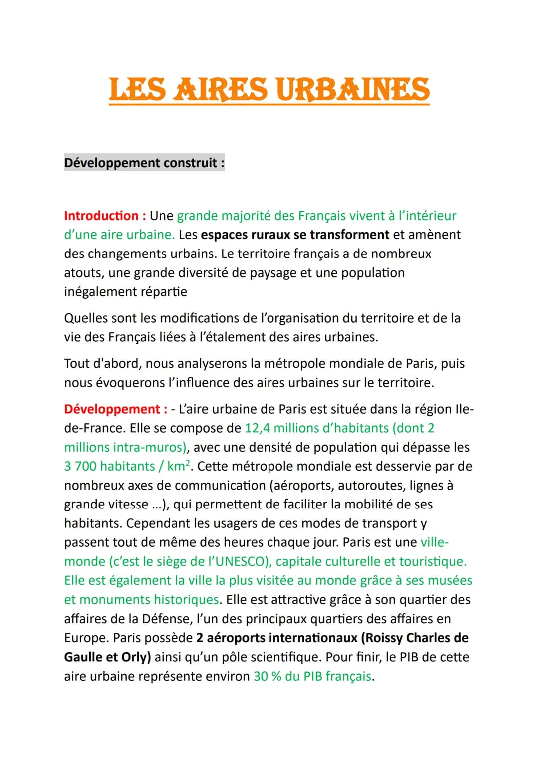 Rédiger Un Développement Construit Sur Les Aires Urbaines Les aires urbaines en France 3ème - Fiche de Révision et PDF (Géo) en