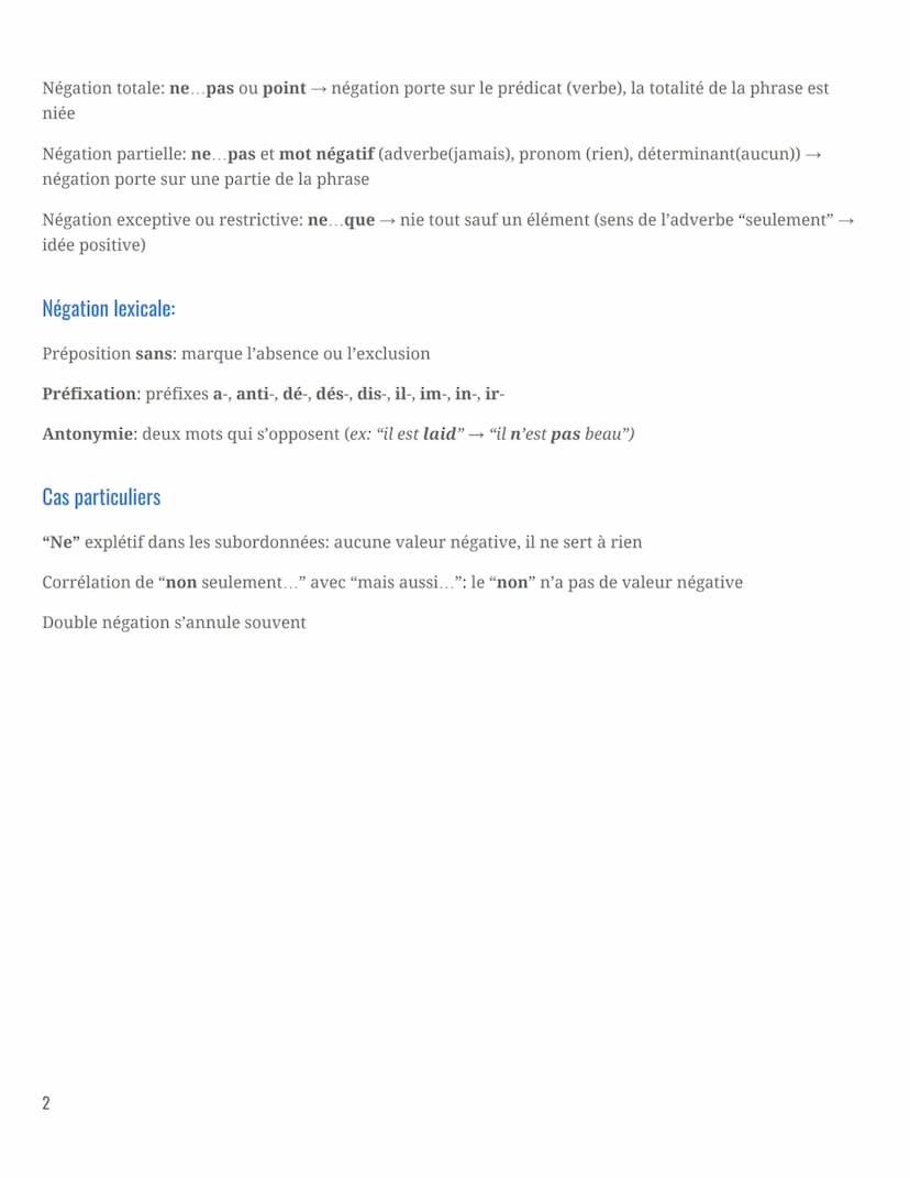 Plan:
1. Intro: définir la négation
2. Trouver les mots qui portent la négation et les caractériser
3. Négation syntaxique (=qui porte sur l