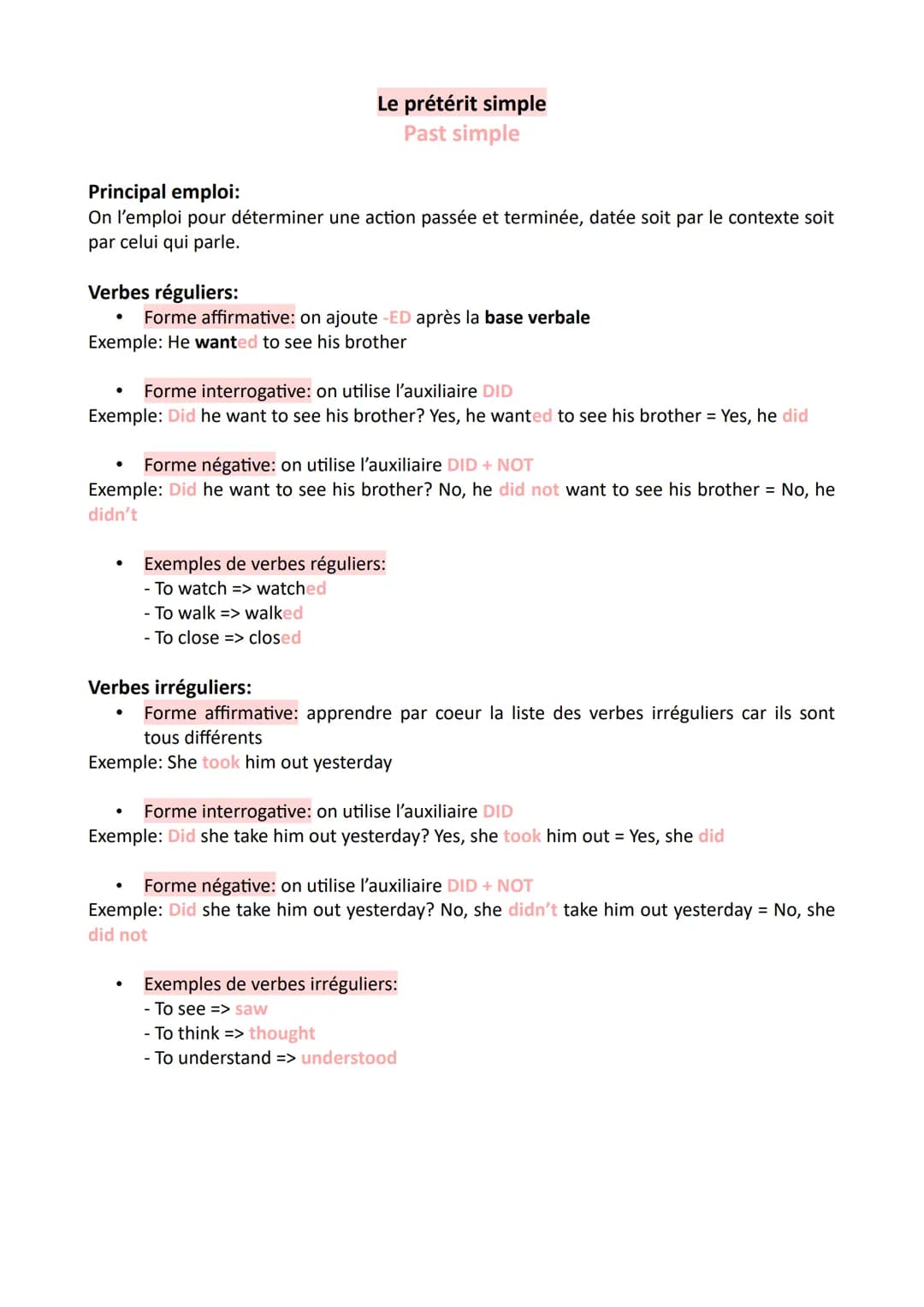 Principal emploi:
On l'emploi pour déterminer une action passée et terminée, datée soit par le contexte soit
par celui qui parle.
Verbes rég