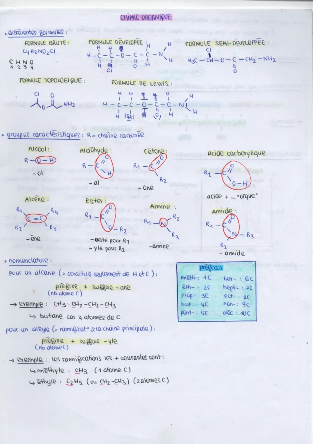 0
•differentes formules
FORMULE BRUTE :
Cy H8 NO ₂ Cl
CHNO
1234
FORMULE TOPOLOGIQUE:
R₂₁
cl
0
doth NH₂
R2
Alcool:
R-0-H
Alcene:
- ene
CHIMIE