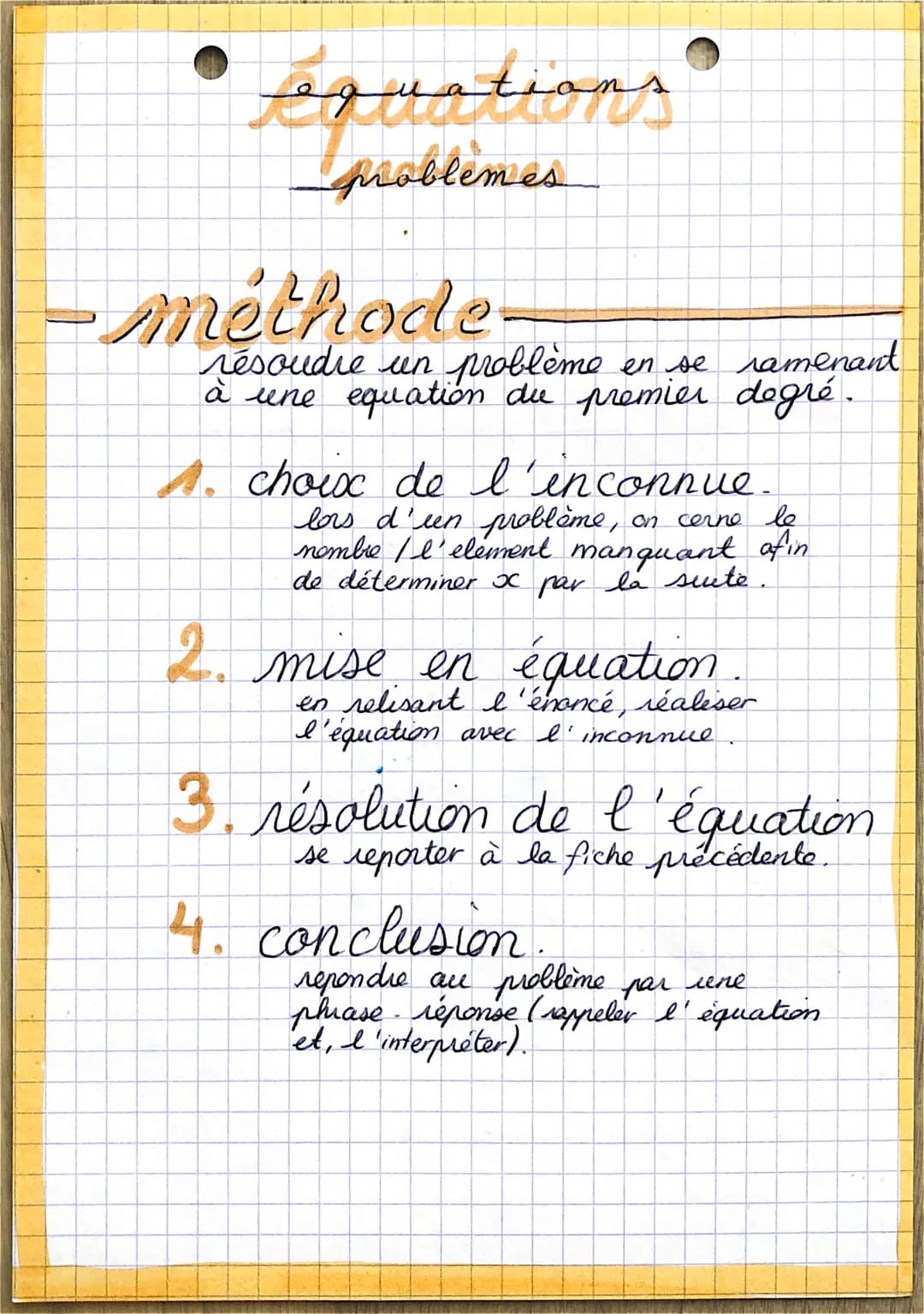 equations
problemes
•méthode
résoudre un problème en se ramenant
à une equation du premier degré.
1. choix de l'inconnue.
lors d'un problème