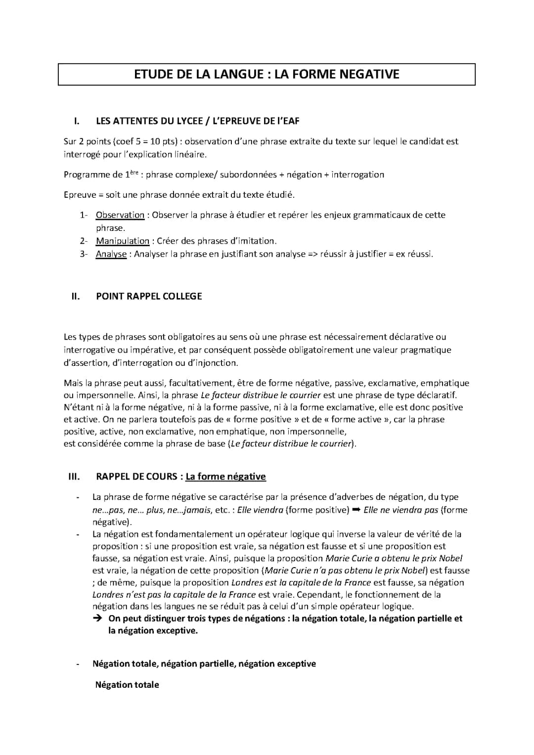 La négation : Fiche de grammaire PDF pour le bac français