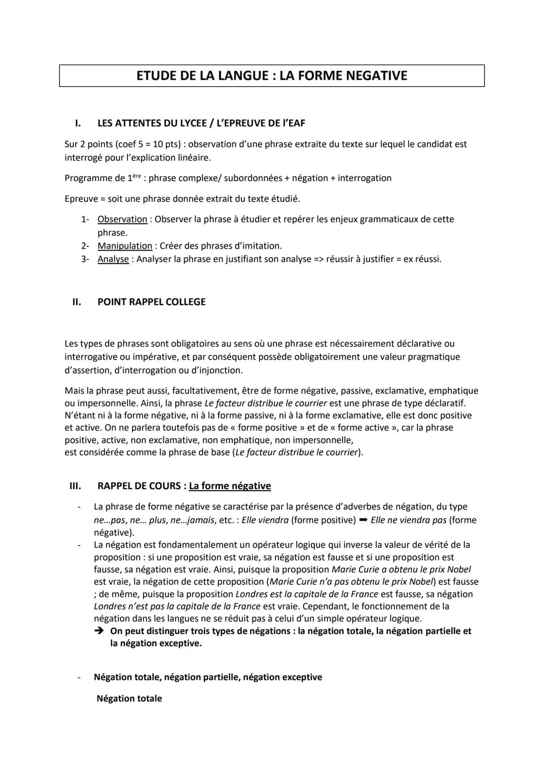 I. LES ATTENTES DU LYCEE / L'EPREUVE DE I'EAF
Sur 2 points (coef 5 = 10 pts): observation d'une phrase extraite du texte sur lequel le candi