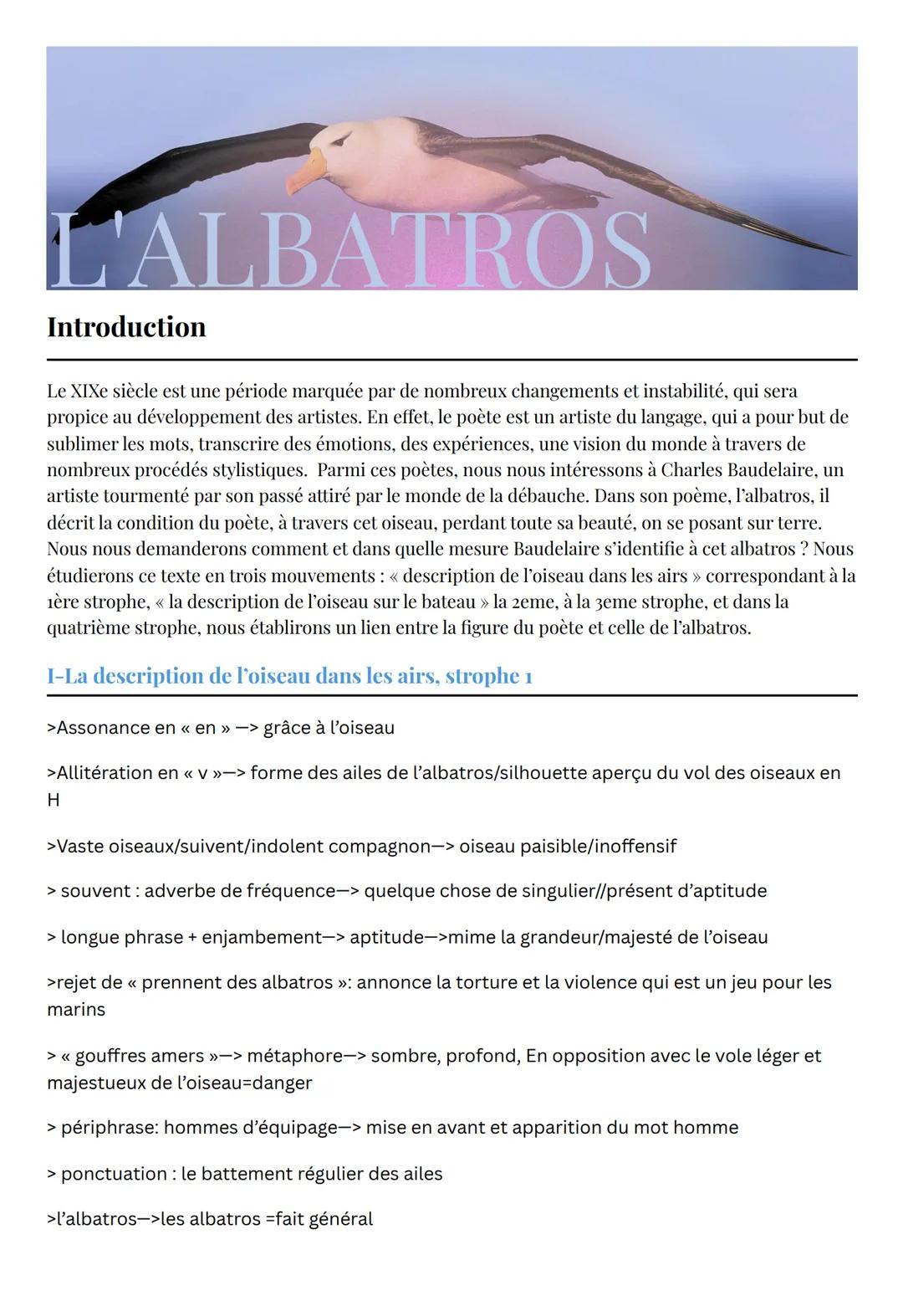 # L'ALBATROS

Introduction

Le XIXe siècle est une période marquée par de nombreux changements et instabilité, qui sera
propice au développe