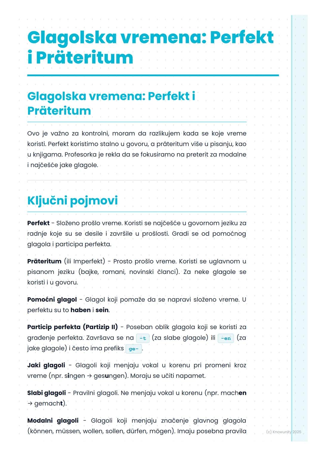 # Glagolska vremena: Perfekt
i Präteritum

Glagolska vremena: Perfekt i
Präteritum

Ovo je važno za kontrolni, moram da razlikujem kada se k