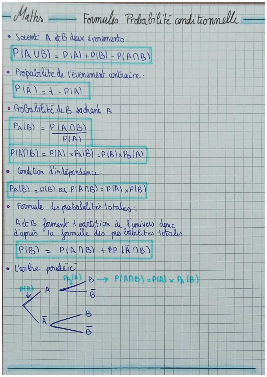 - Maths
Formules Probabilité conditionnelle
- Soient A et B deux évenements:
$P(A \cup B) = P(A) + P(B) - P(A \cap B)$
- Propabilité de l'év