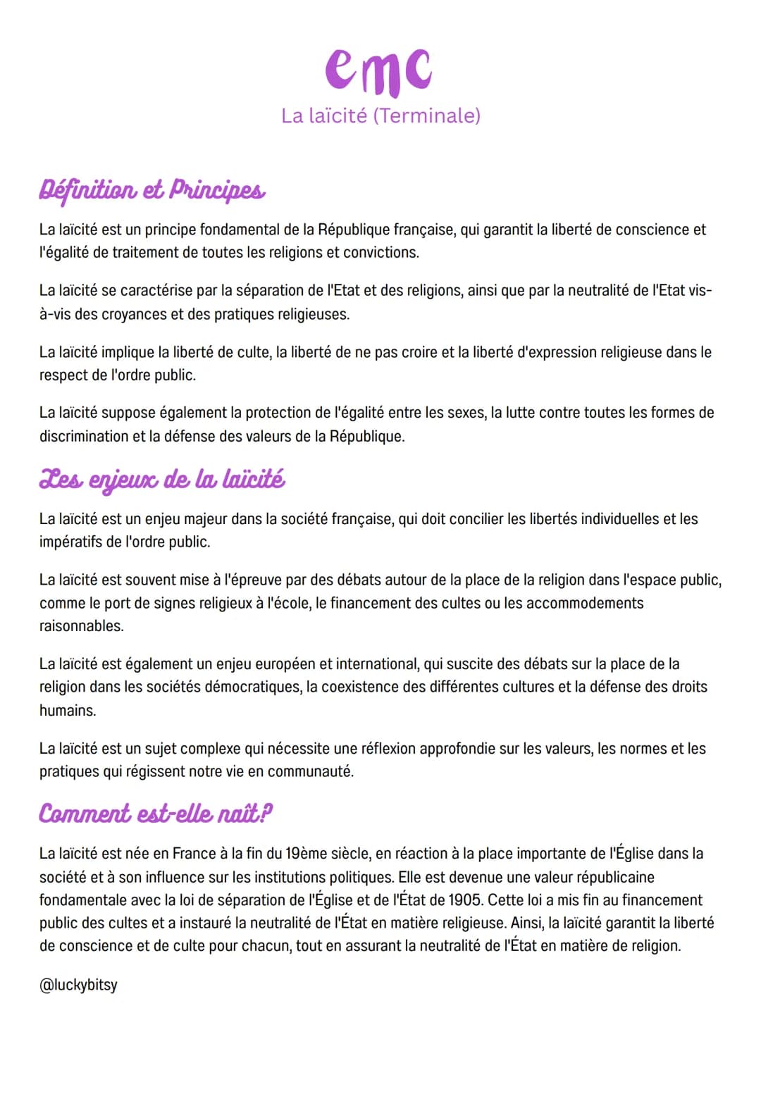 emc
La laïcité (Terminale)
Définition et Principes
La laïcité est un principe fondamental de la République française, qui garantit la libert