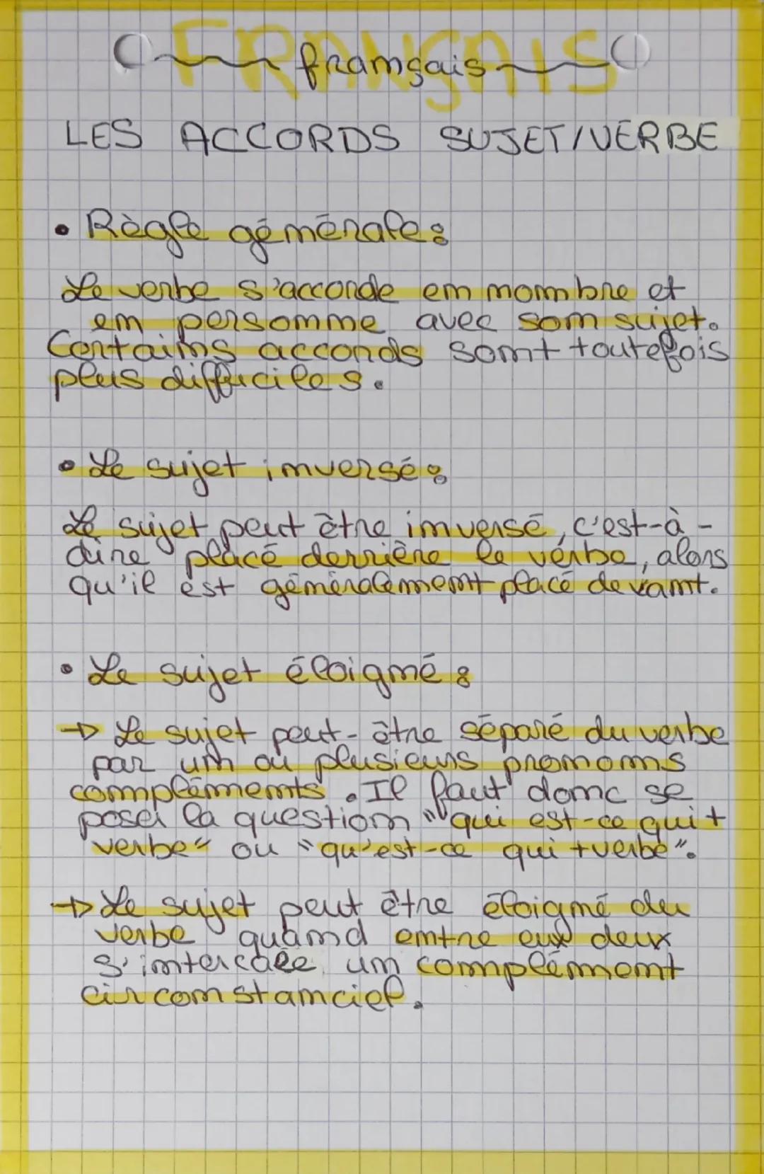 --- OCR Start ---
(~framçais~~~~~~~ 
LES ACCORDS SUJET/VERBE
• Règle gémērafe:
Le verbe s'accorde em mombre et
em.persomme avec som sujet.
C