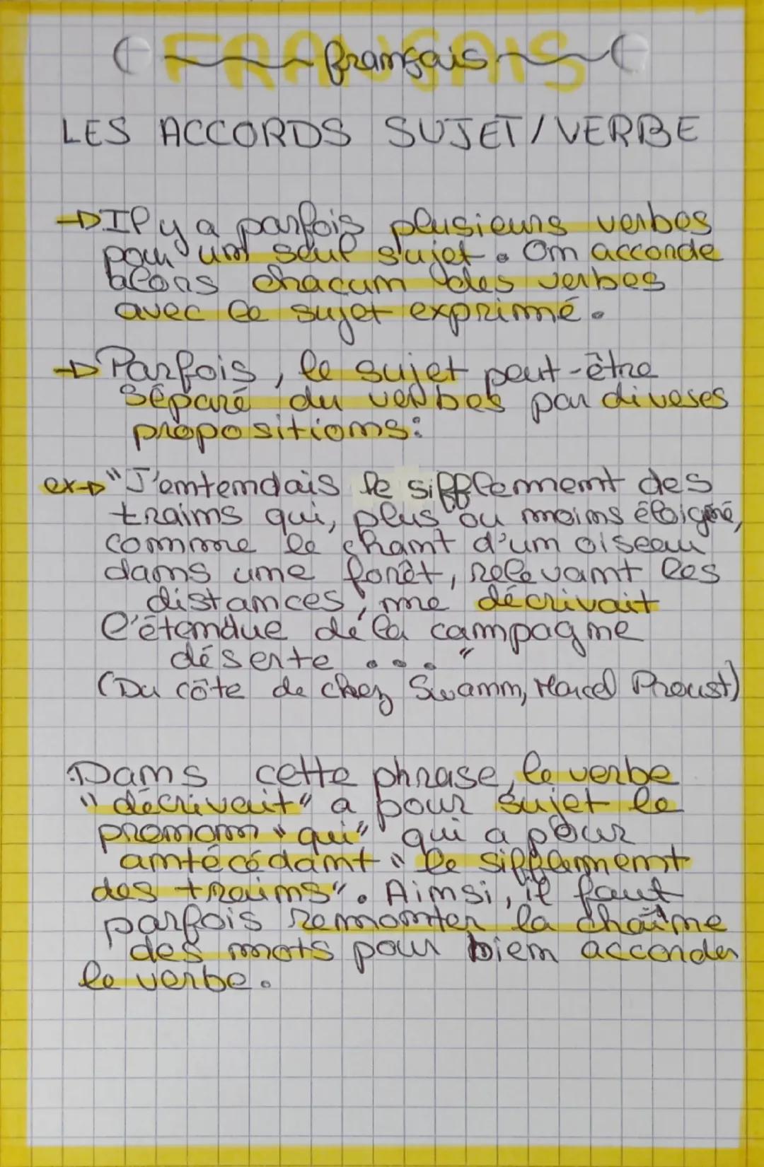 --- OCR Start ---
(~framçais~~~~~~~ 
LES ACCORDS SUJET/VERBE
• Règle gémērafe:
Le verbe s'accorde em mombre et
em.persomme avec som sujet.
C
