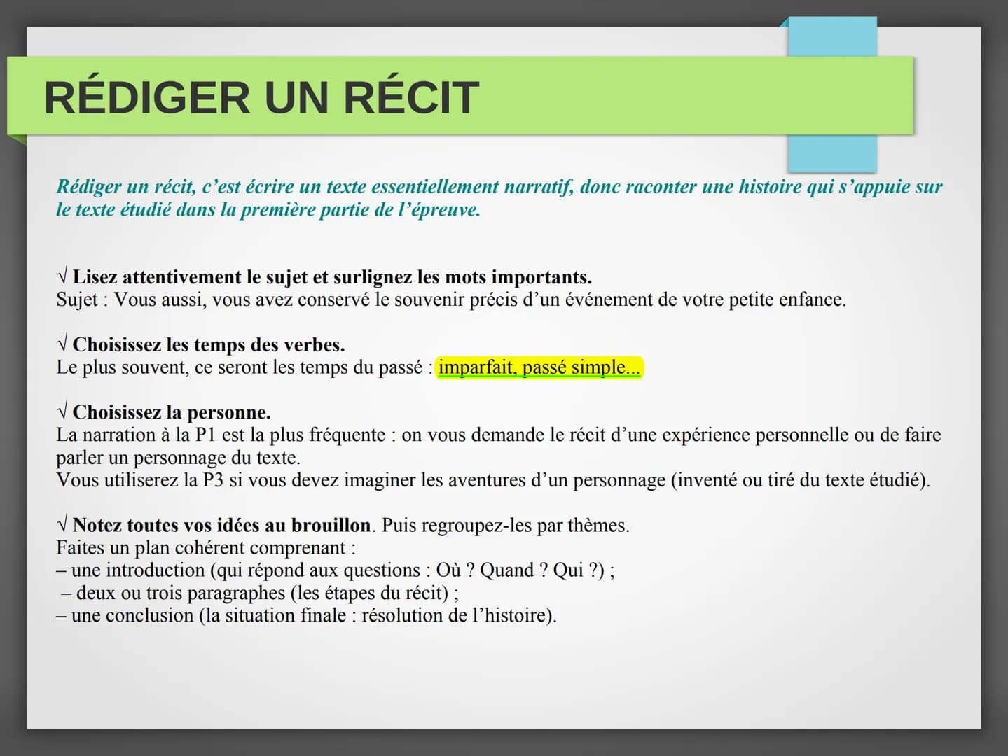 RÉDIGER UN RÉCIT
Rédiger un récit, c'est écrire un texte essentiellement narratif, donc raconter une histoire qui s'appuie sur
le texte étud