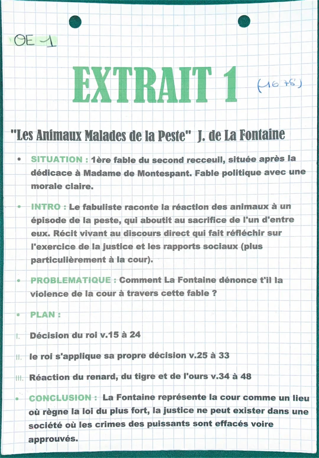 OE 1
●
EXTRAIT 1
"Les Animaux Malades de la Peste" J. de La Fontaine
SITUATION : 1ère fable du second recceuil, située après la
dédicace à M