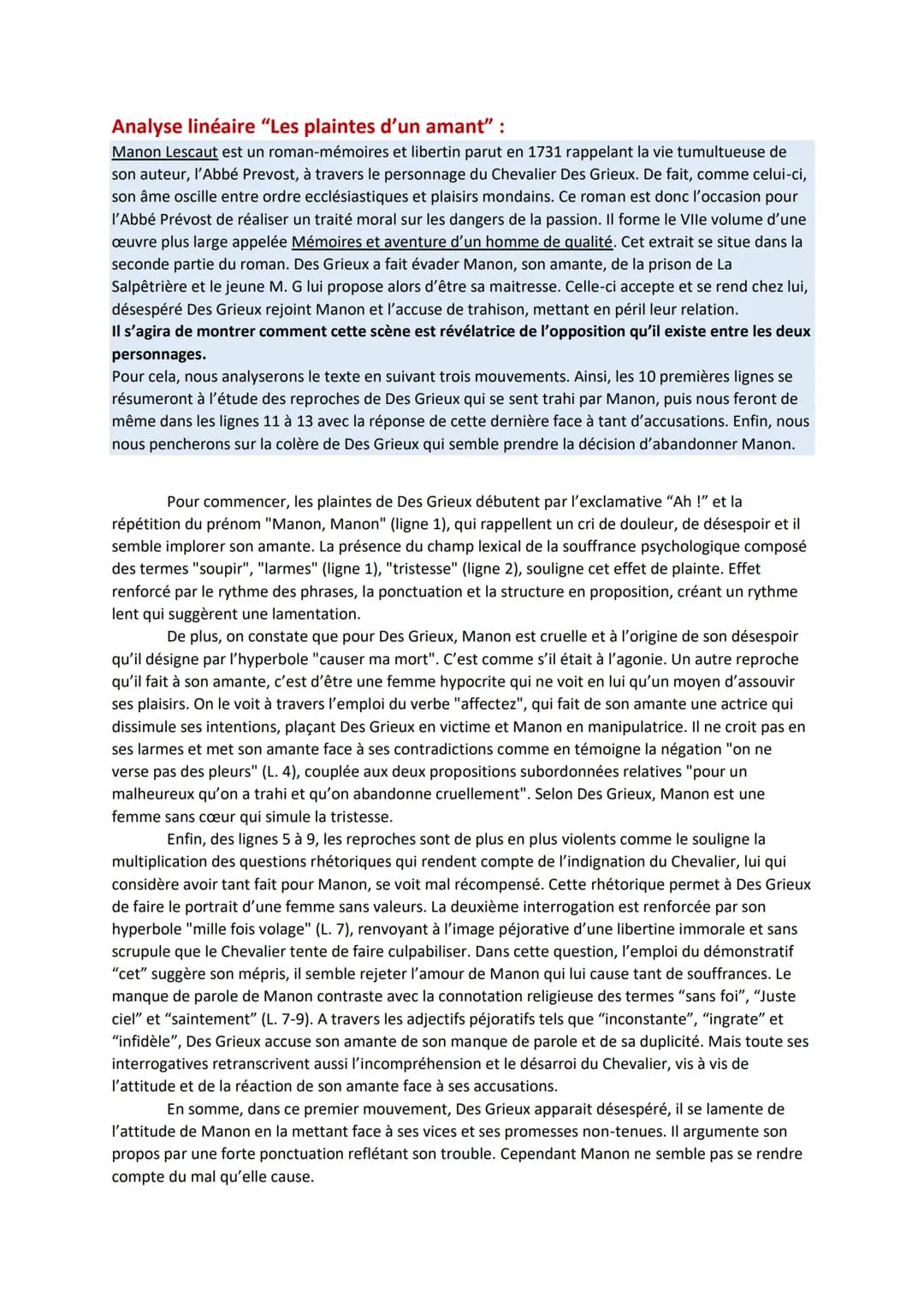 Analyse linéaire "Les plaintes d'un amant" :
Manon Lescaut est un roman-mémoires et libertin parut en 1731 rappelant la vie tumultueuse de
s