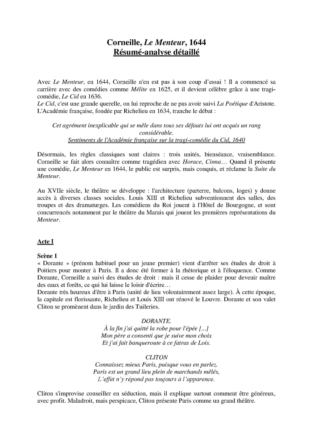 Corneille, Le Menteur, Résumé-analyse détaillée