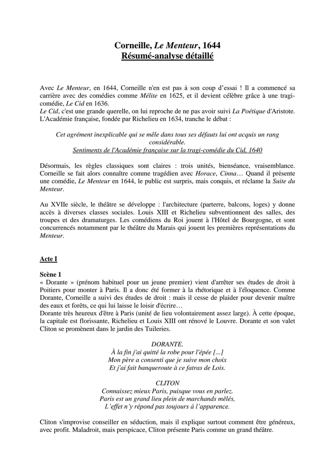 --- OCR Start ---
Corneille, Le Menteur, 1644
Résumé-analyse détaillé
Avec Le Menteur, en 1644, Corneille n'en est pas à son coup d'essai! I