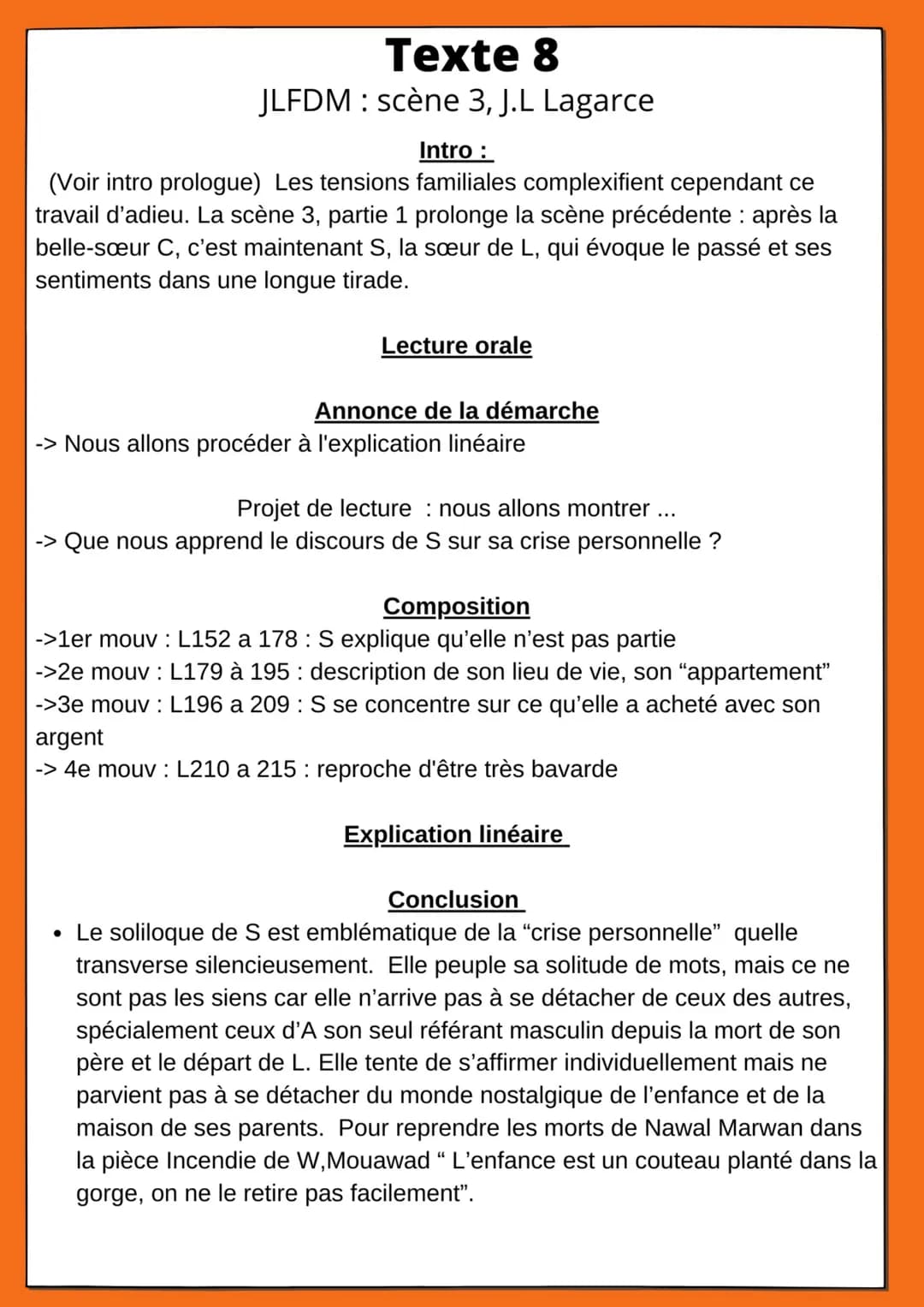 Texte 8
JLFDM: scène 3, J.L Lagarce
Intro :
(Voir intro prologue) Les tensions familiales complexifient cependant ce
travail d'adieu. La scè