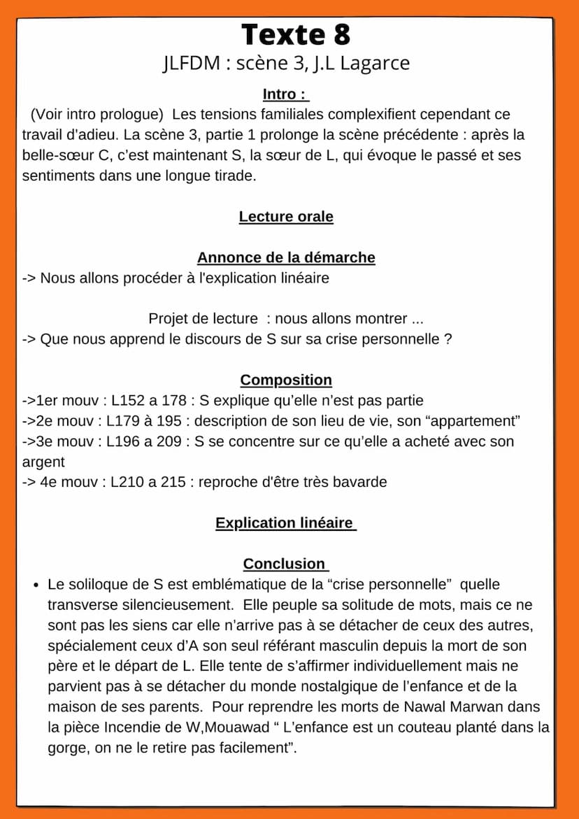 Texte 8
JLFDM: scène 3, J.L Lagarce
Intro :
(Voir intro prologue) Les tensions familiales complexifient cependant ce
travail d'adieu. La scè