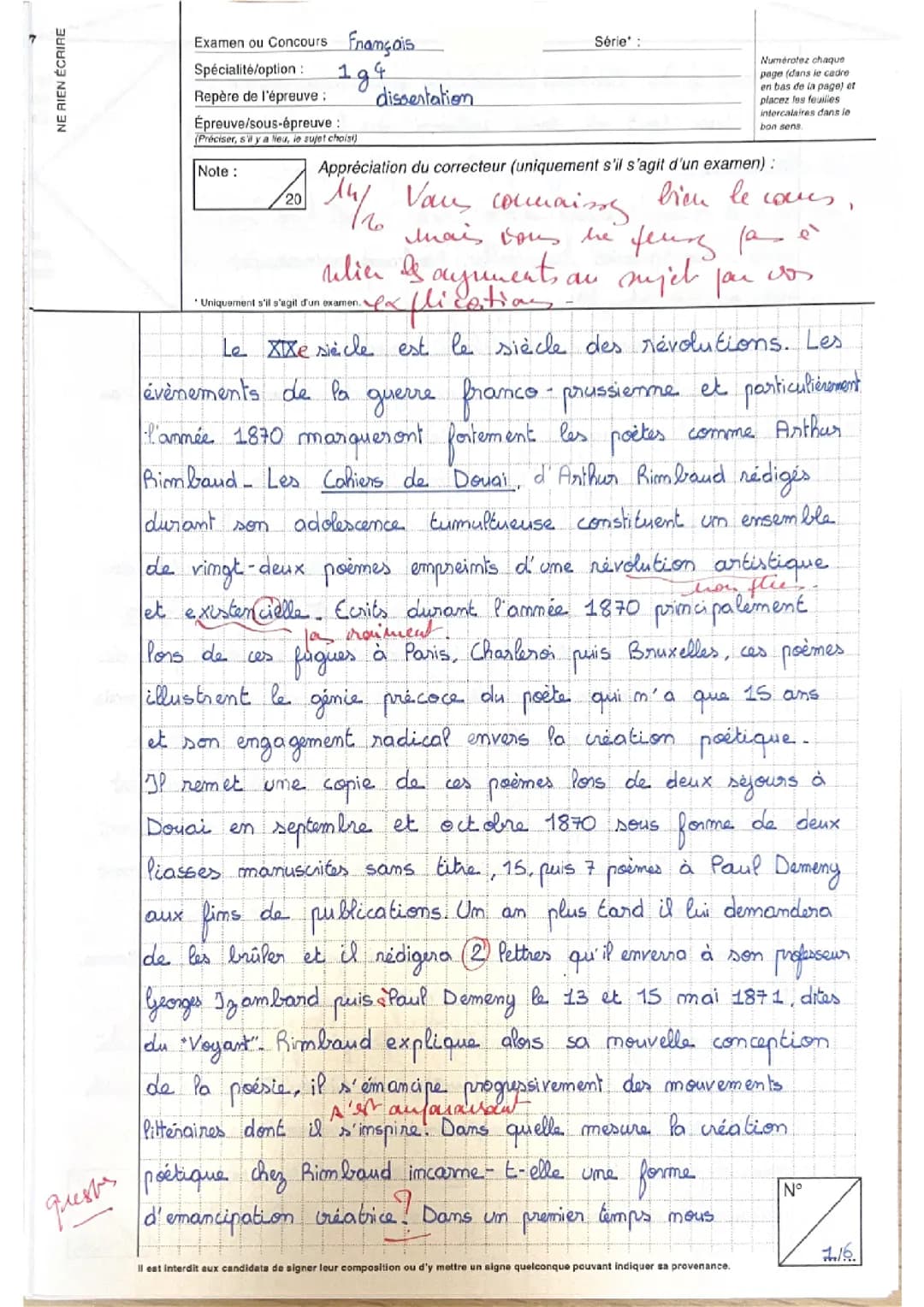 Dissertation Les Cahiers de Douai d’Arthur Rimbaud bac blanc 14/20