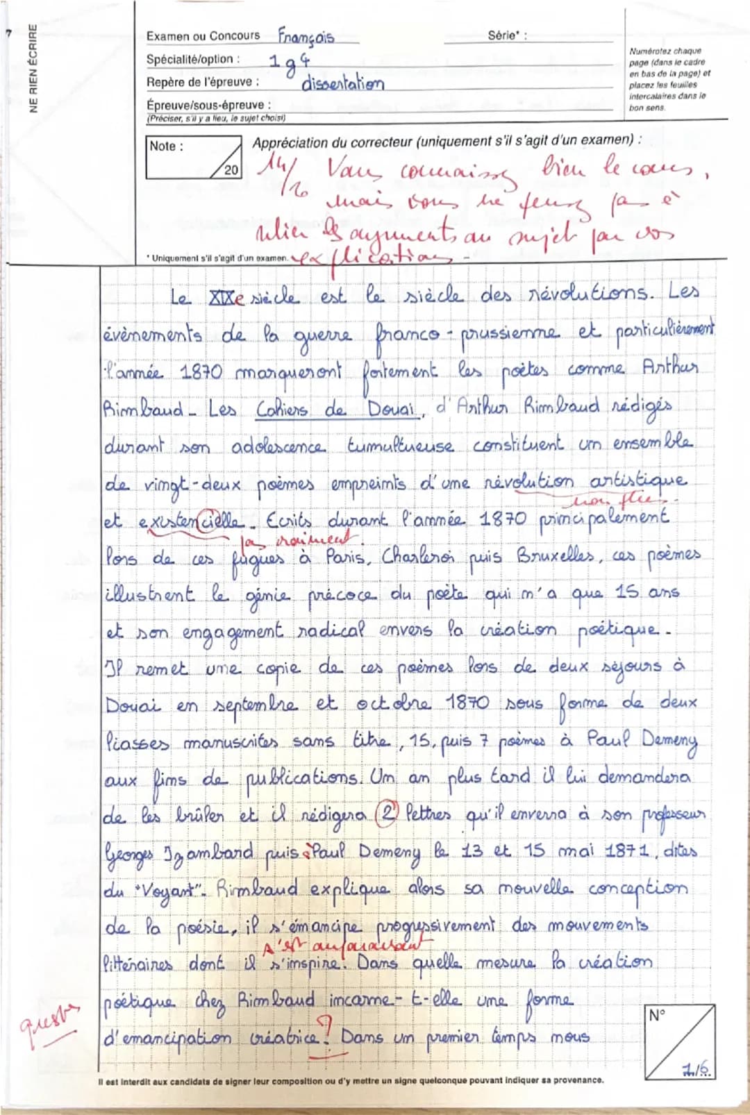 NE RIEN ÉCRIRE
Examen ou Concours Français
Spécialité/option:
Repère de l'épreuve :
Épreuve/sous-épreuve :
194
(Préciser, s'il y a lieu, le 