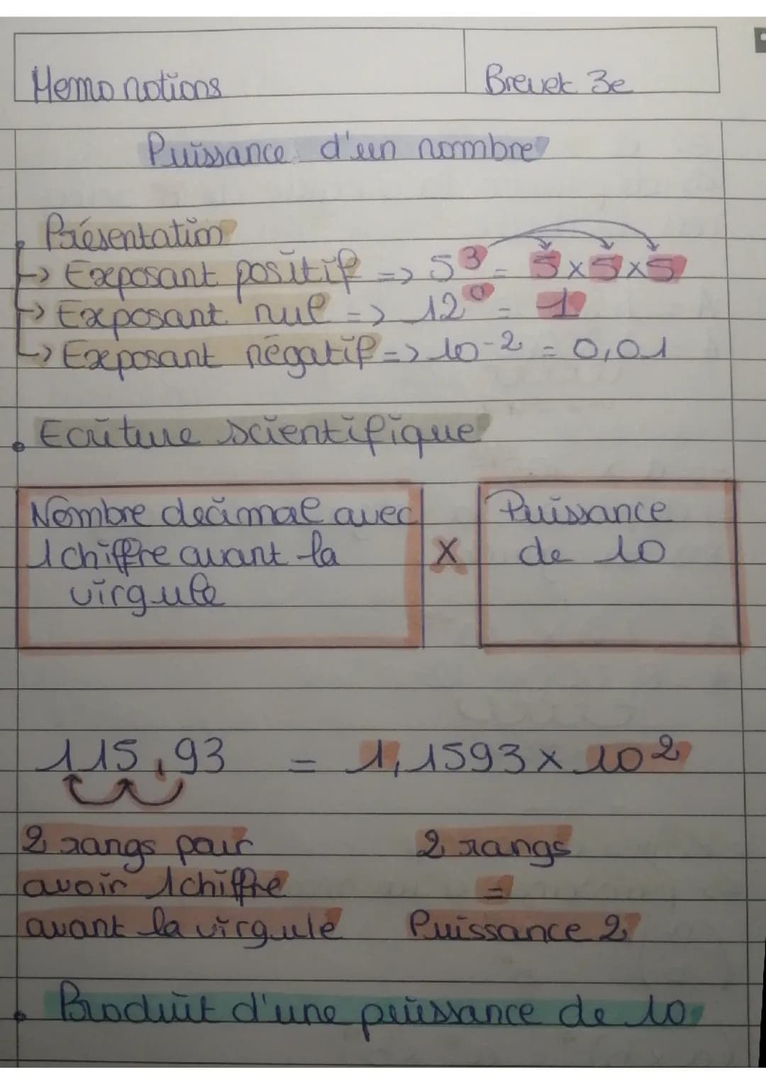 Les puissances d'un nombre, contient les puissance de 10 et l'écriture scientifique. 