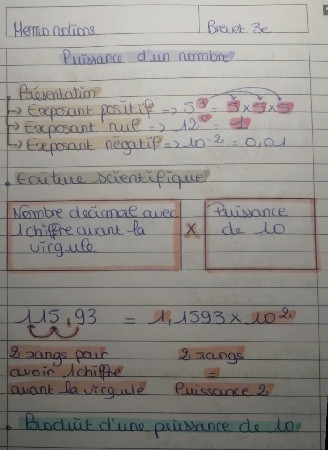 Hemo notions
Breuek 3e
Puissance d'un nombre
Présentation
→ Exposant positif => 53
Exposant nul => 12
Exposant négatif => 10-2 = 0,01
Ecritu