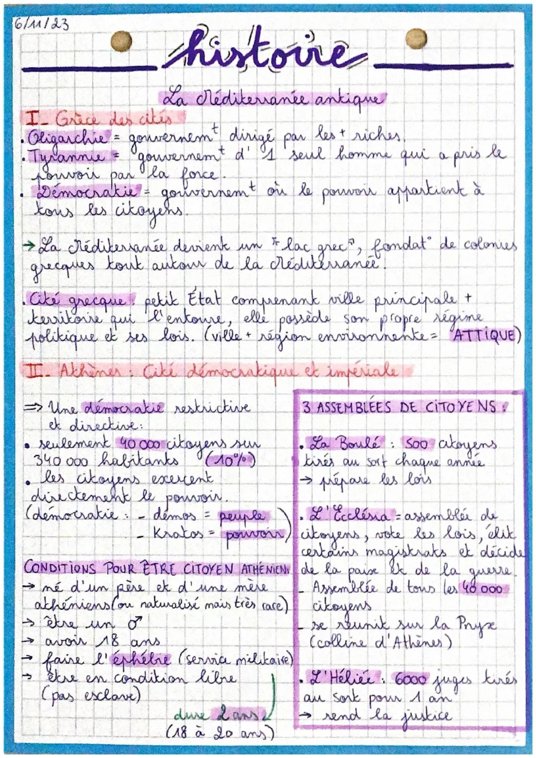 6/11/23
I_ Grèce des cités
• Oligarchie = gonvernem dirigé par les + riches.
• Tyrannie & gouvernemt d' 1 seul homme qui a pris le
pouvoir p