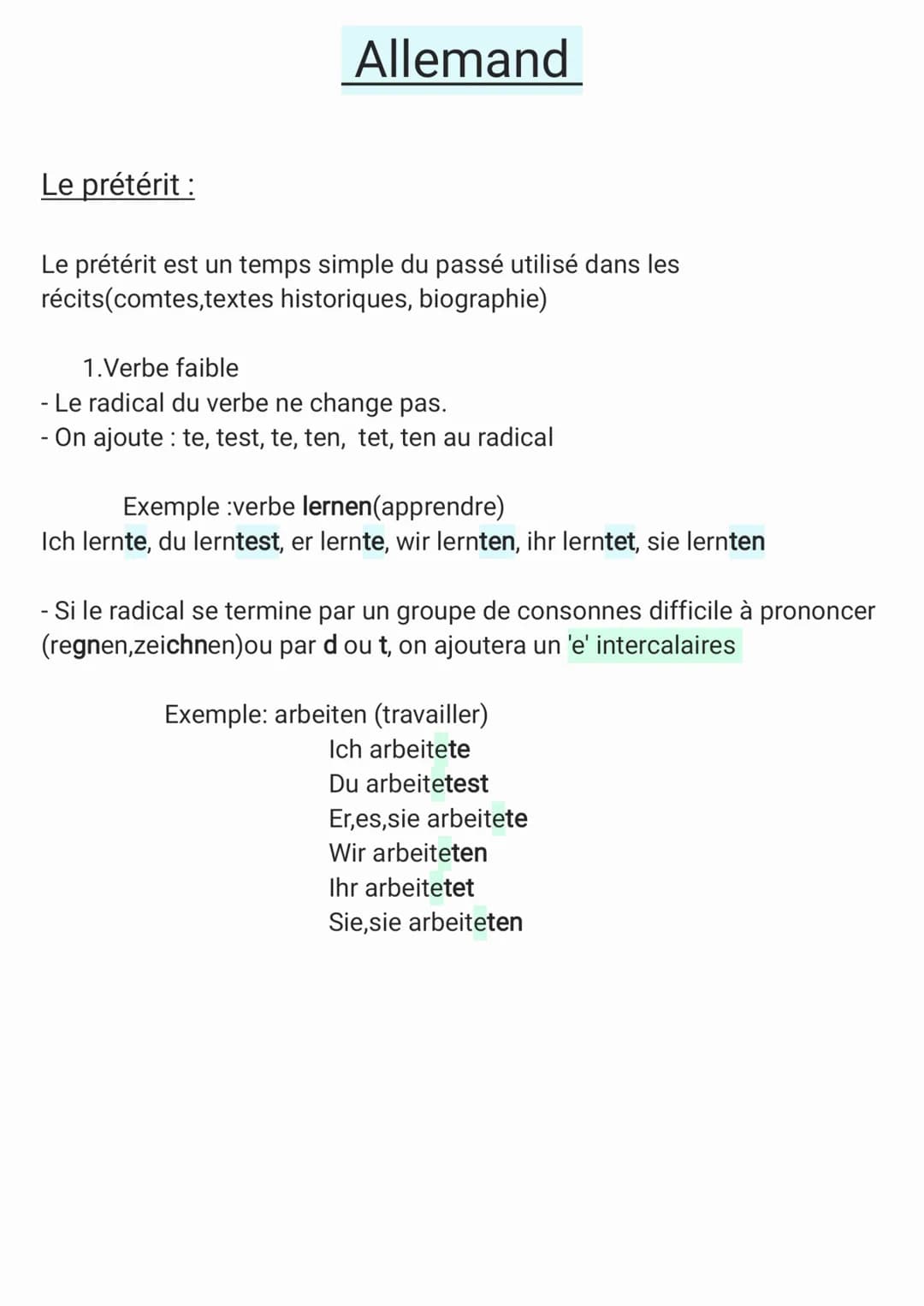 Le prétérit:
Allemand
Le prétérit est un temps simple du passé utilisé dans les
récits(comtes,textes historiques, biographie)
1.Verbe faible