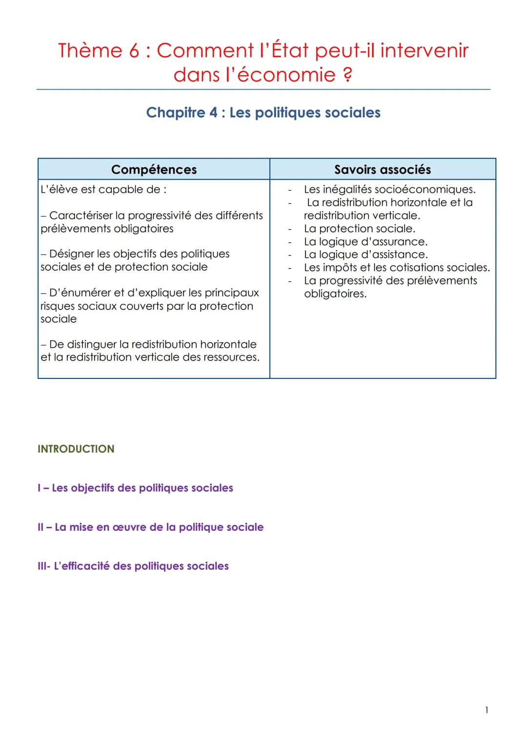 
<h2 id="chapitre4lespolitiquessociales">Chapitre 4: Les politiques sociales</h2>
<h3 id="comptences">Compétences</h3>
<p>L'élève est capabl