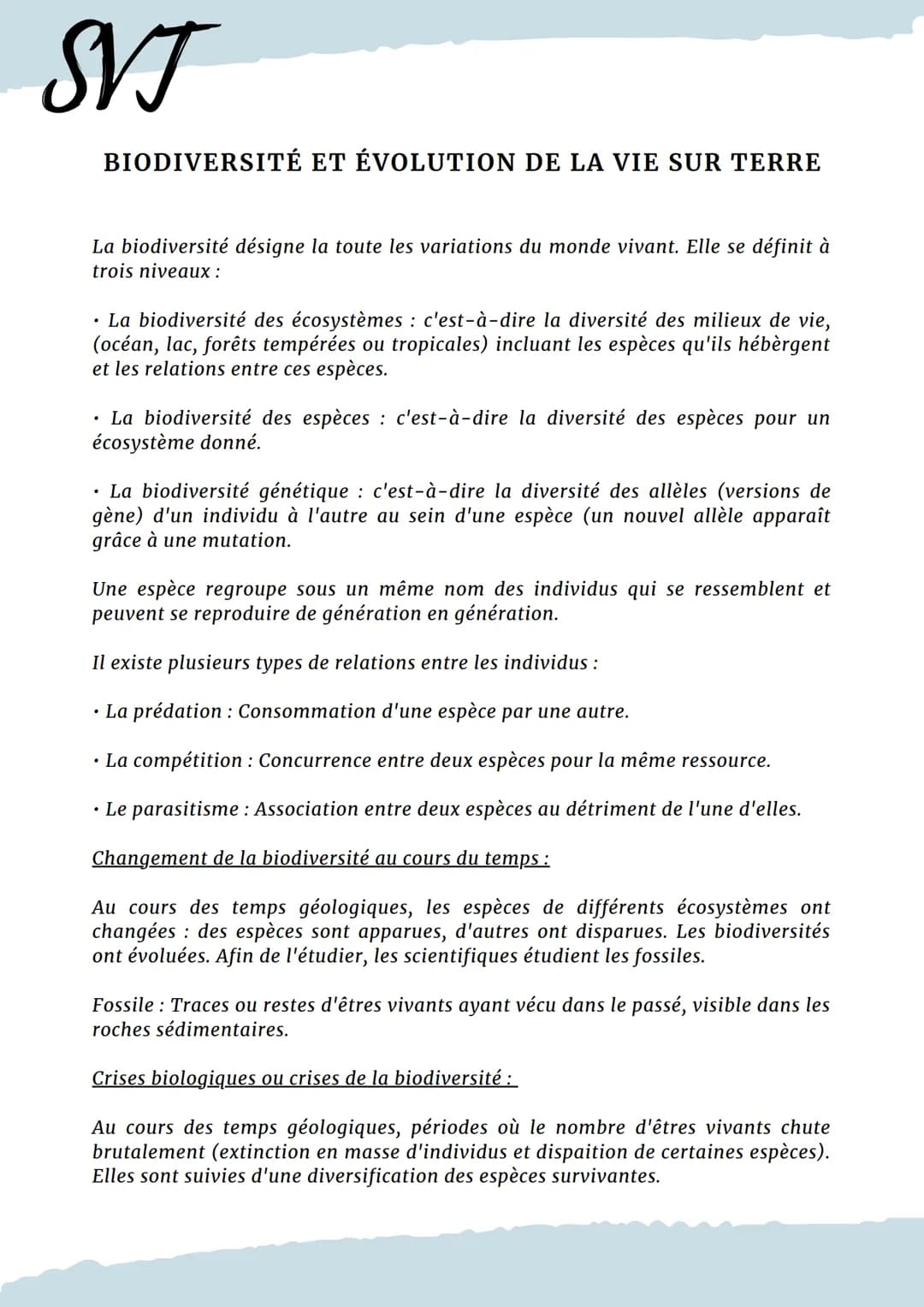SVJ
BIODIVERSITÉ ET ÉVOLUTION DE LA VIE SUR TERRE
La biodiversité désigne la toute les variations du monde vivant. Elle se définit à
trois n