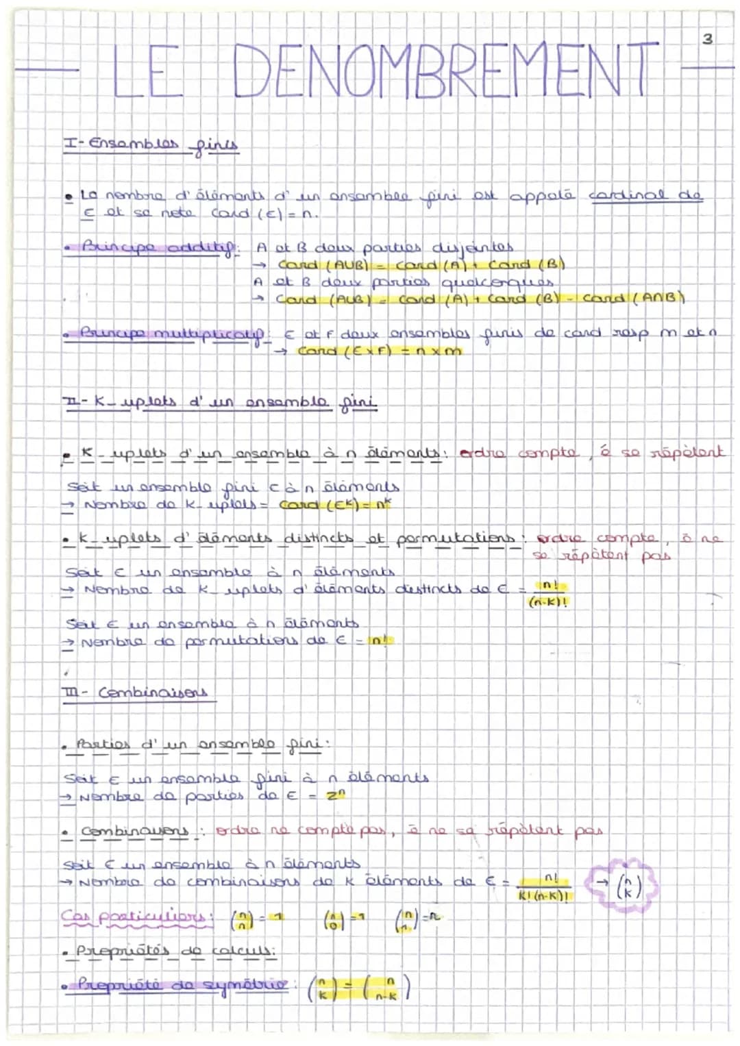 3
LE DENOMBREMENT
I- Ensembles finis
• La nombre d'éléments d' un ansamble fini est appole cardinal de
E et sa nete card (c) = n.
Brincipe o