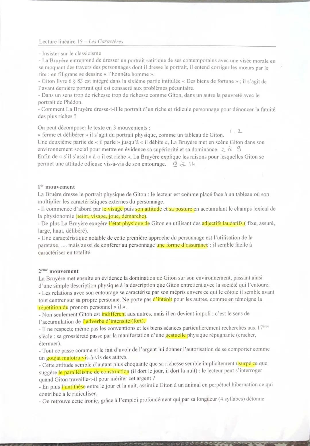 Analyse linéaire de Giton et Phédon - Les Caractères de La Bruyère