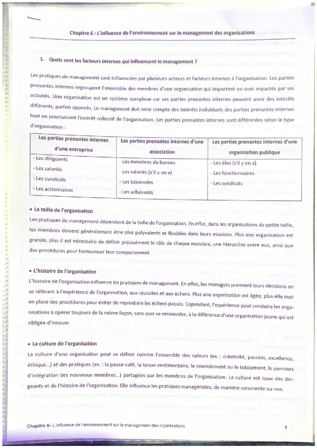 Chapitre 6 : L'influence de l'environnement sur le management des organisations
1. Quels sont les facteurs internes qui influencent le manag