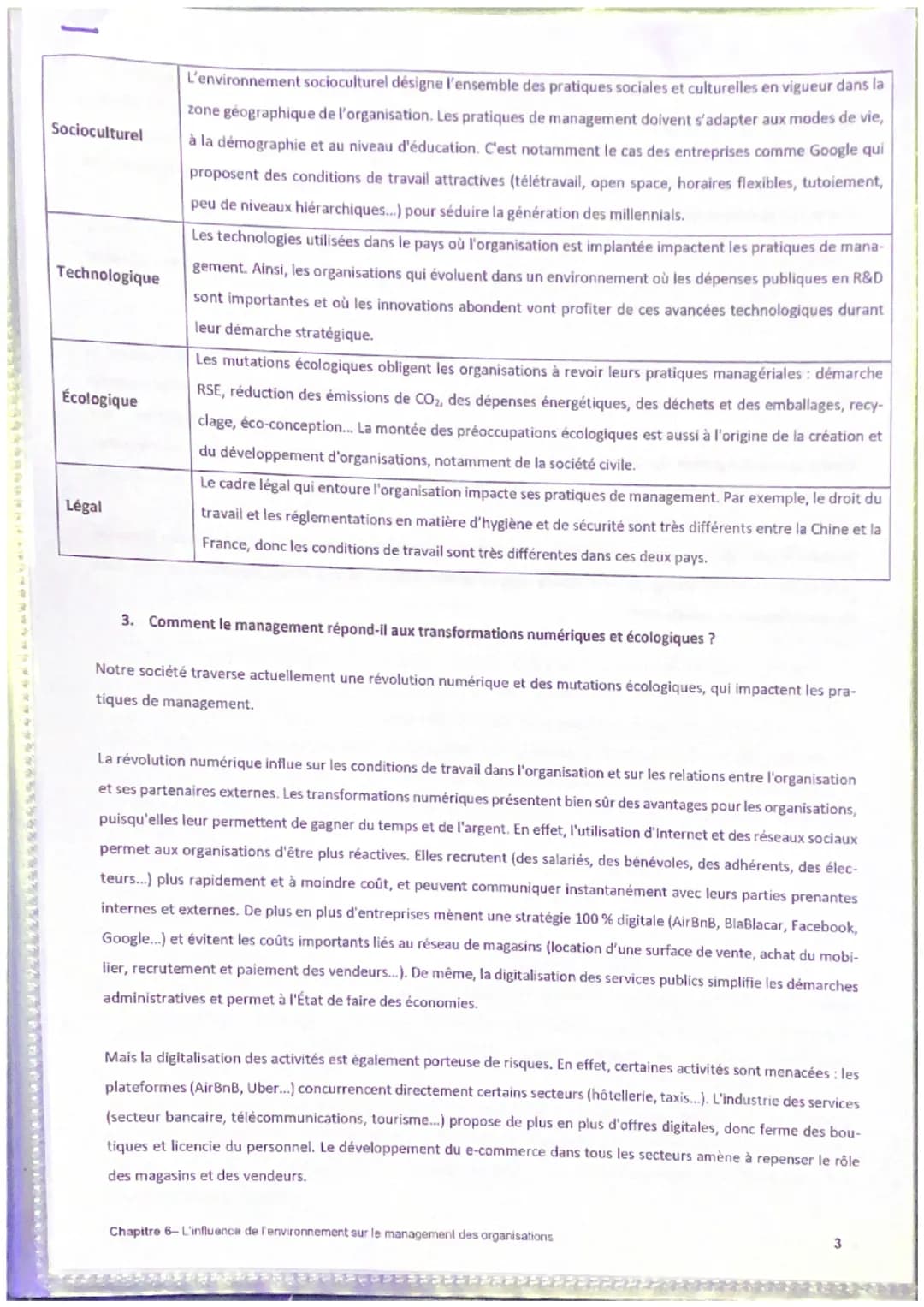 Chapitre 6 : L'influence de l'environnement sur le management des organisations
1. Quels sont les facteurs internes qui influencent le manag