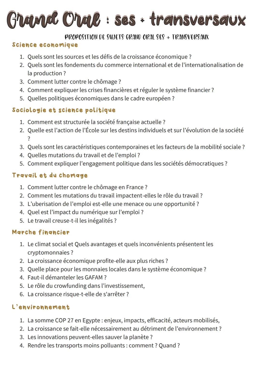 Grand Oral ses + transversaux
:
PROPOSITION DE SUJETS GRAND ORAL SES + TRANSVERSAUX
Science economique
1. Quels sont les sources et les défi