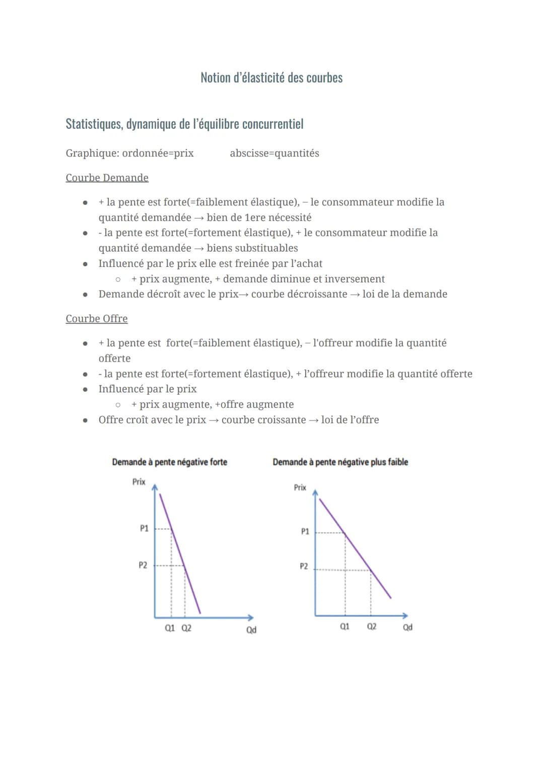 Statistiques, dynamique de l'équilibre concurrentiel
Graphique: ordonnée-prix
abscisse-quantités
Courbe Demande
● + la pente est forte(=faib