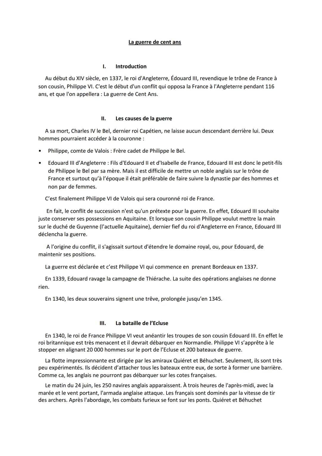 I.
Introduction
Au début du XIV siècle, en 1337, le roi d'Angleterre, Édouard III, revendique le trône de France à
son cousin, Philippe VI. 