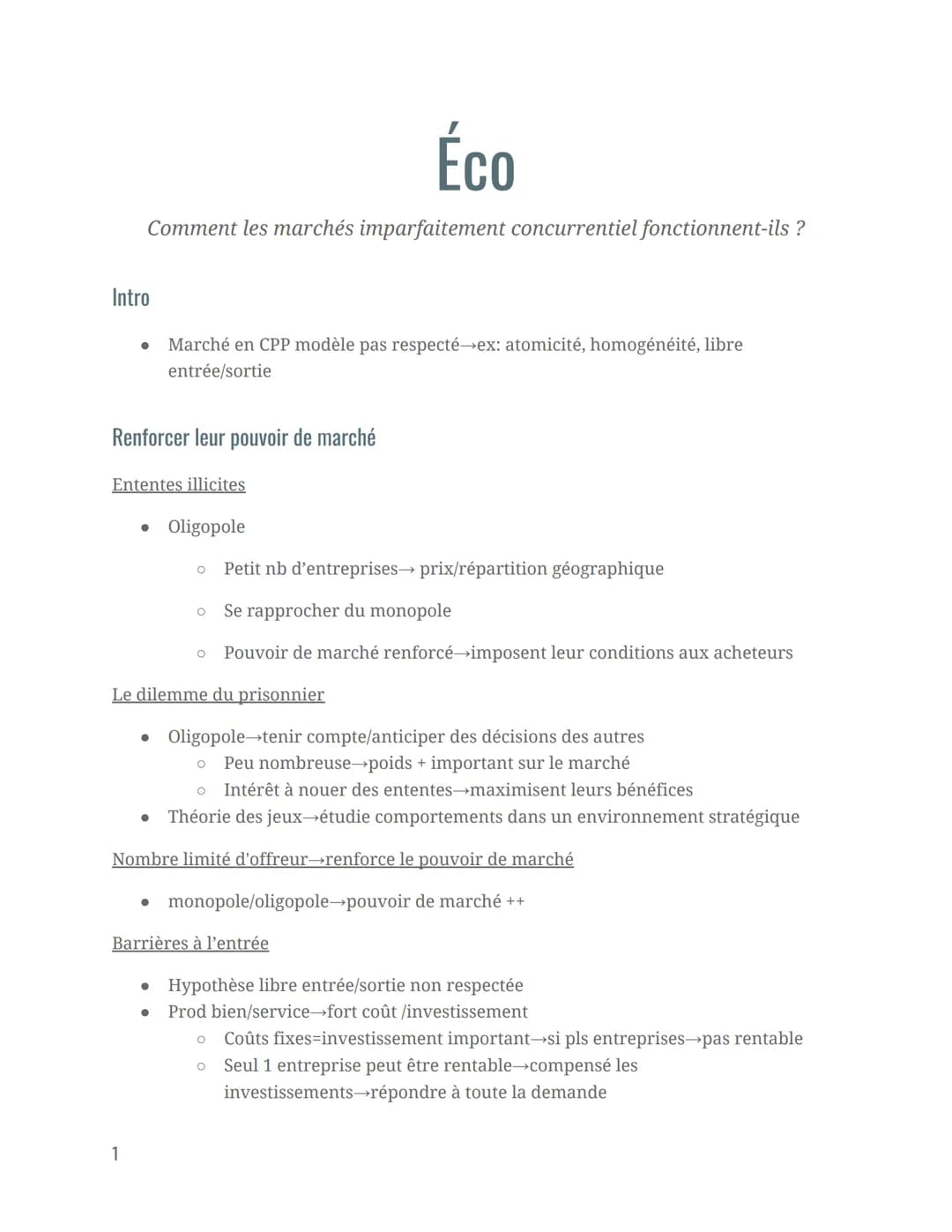 Intro
Comment les marchés imparfaitement concurrentiel fonctionnent-ils?
Renforcer leur pouvoir de marché
Ententes illicites
• Oligopole
1
M