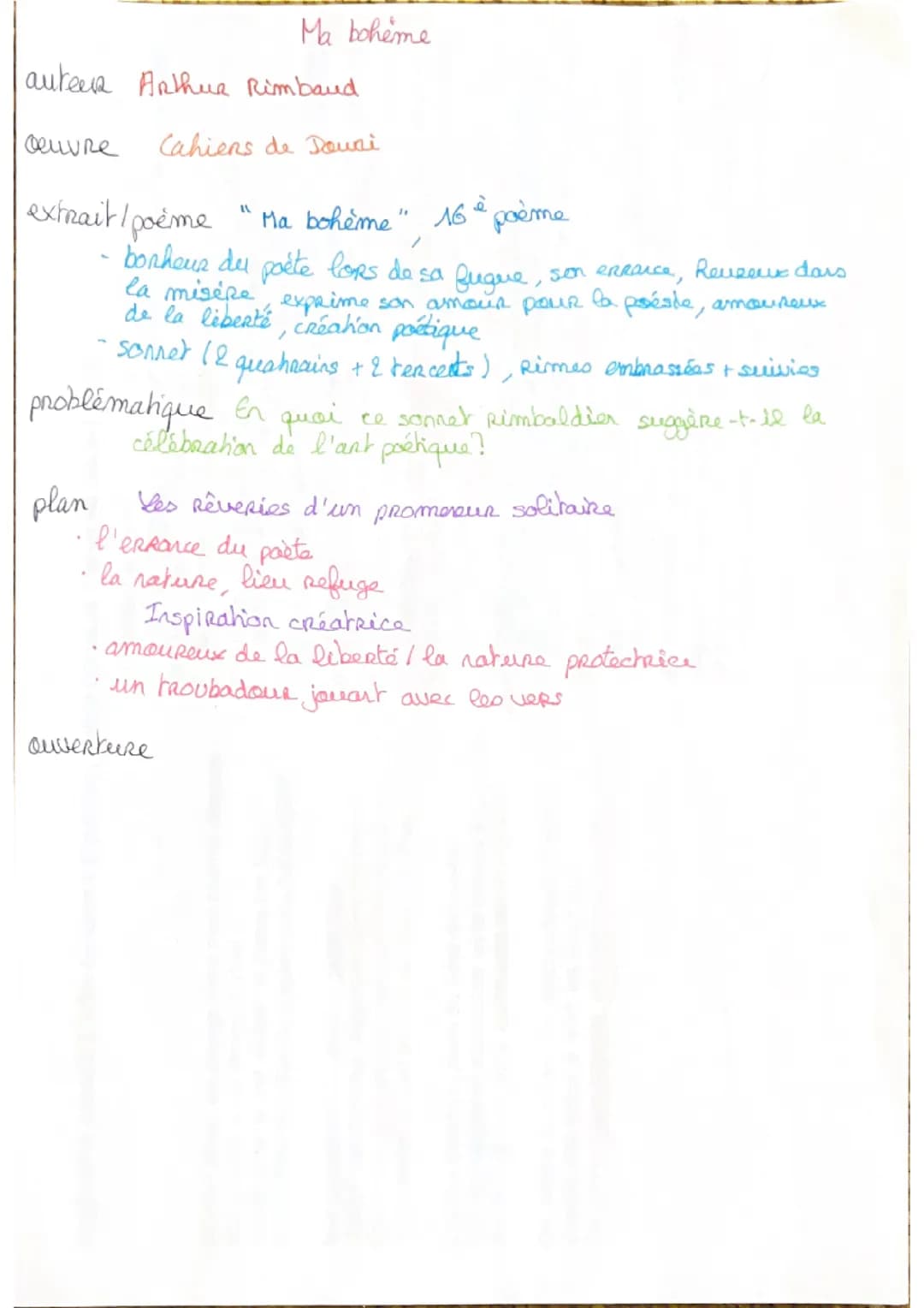 Fiche ma bohème cahiers de douai Arthur rimbaud explication linéaire 