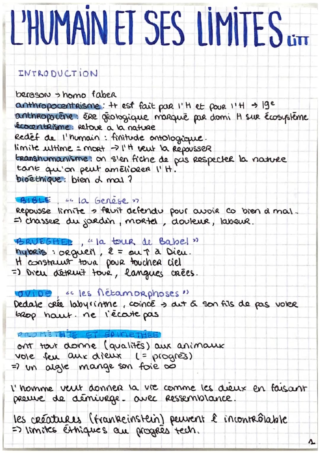 L'HUMAIN ET SES LIMITES
INTRODUCTION
berason homo faber.
anthropocentrisme : ++ est fait par I'H et pour I'H →ige
anthropocene ère géologiqu