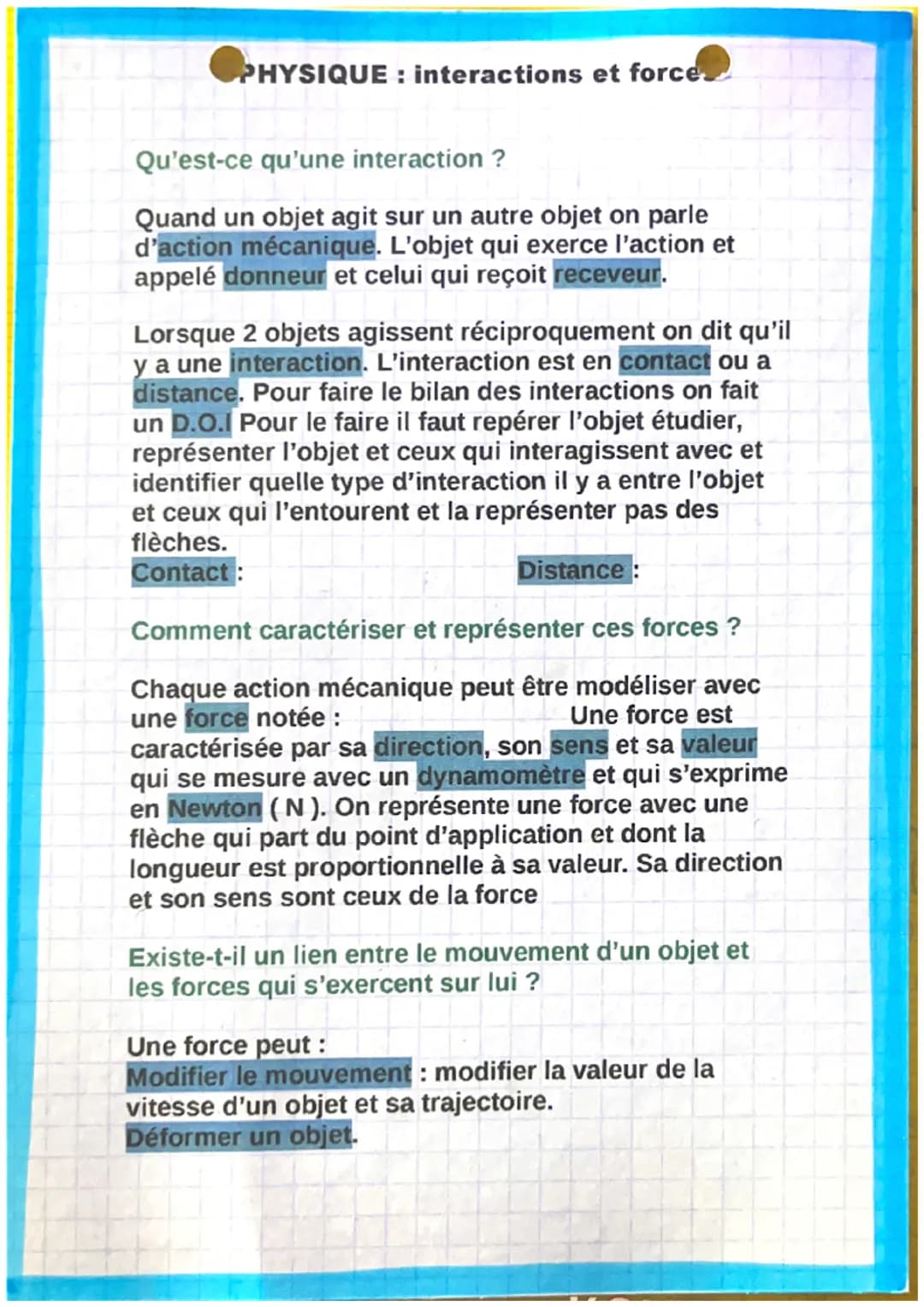 PHYSIQUE : interactions et force
Qu'est-ce qu'une interaction ?
Quand un objet agit sur un autre objet on parle
d'action mécanique. L'objet 