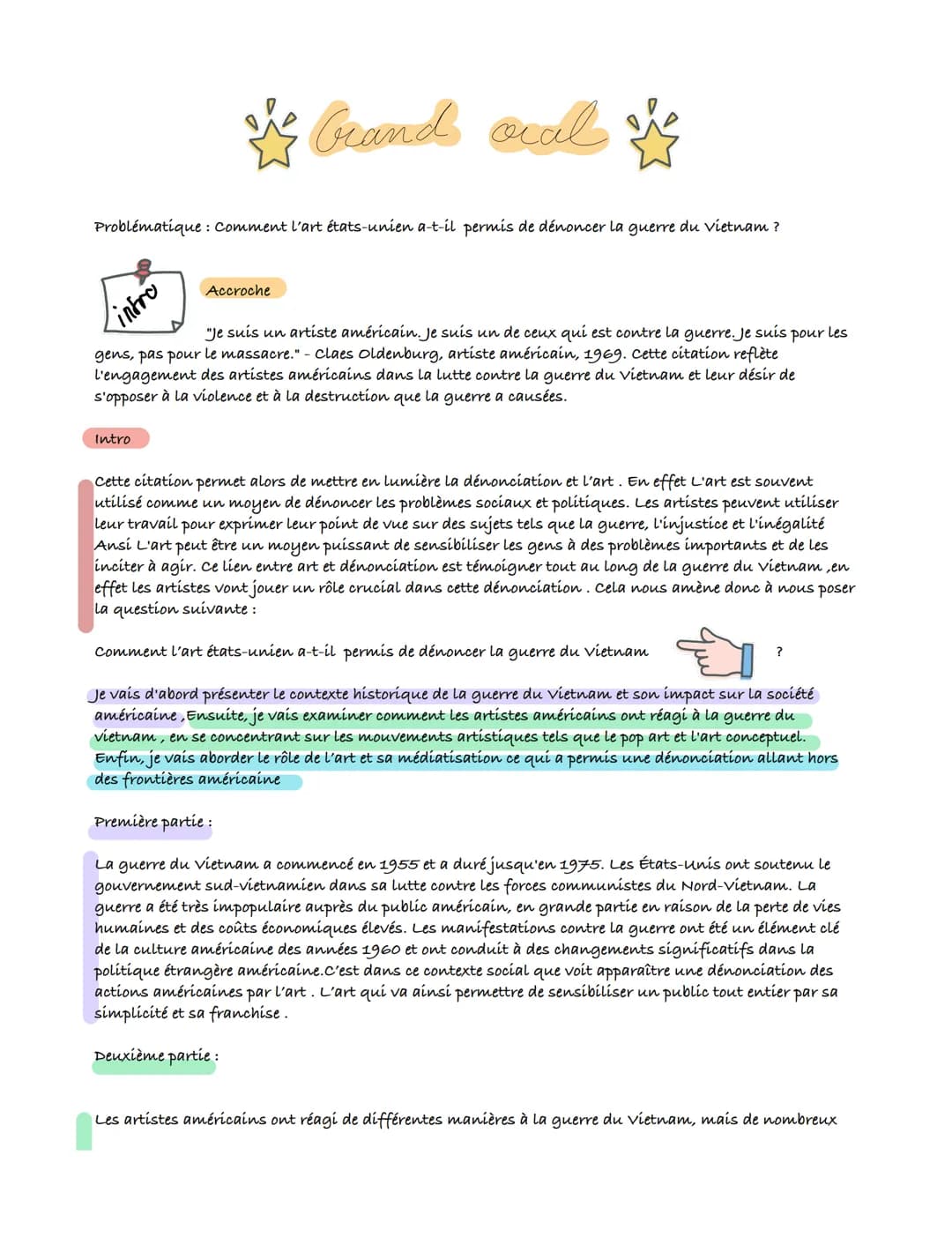 Problématique : Comment l'art états-unien a-t-il permis de dénoncer la guerre du vietnam?
intro
brand ocal
Accroche
Intro
"Je suis un artist