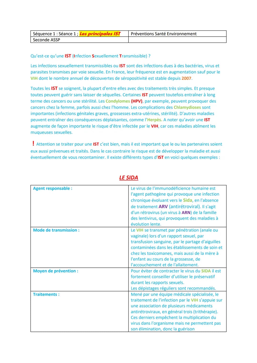 Séquence 1: Séance 1; Les principales IST Préventions Santé Environnement
Seconde ASSP
Qu'est-ce qu'une IST (Infection Sexuellement Transmis