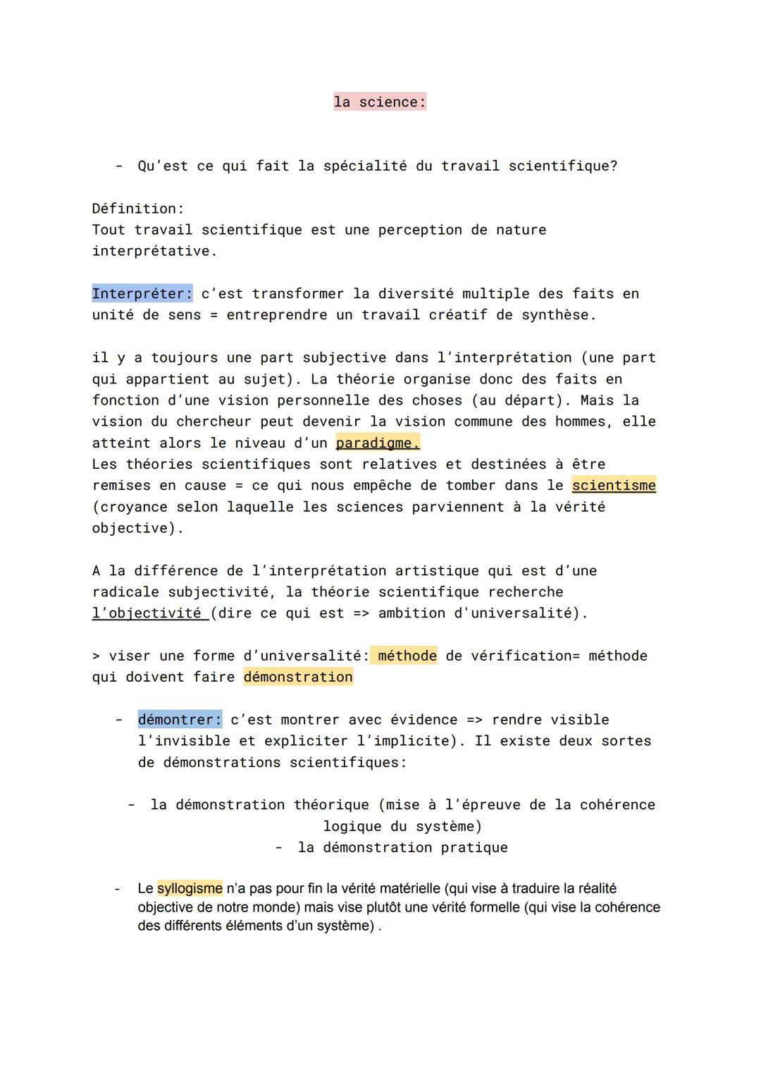 # la science:

- Qu'est ce qui fait la spécialité du travail scientifique?

Définition:
Tout travail scientifique est une perception de natu