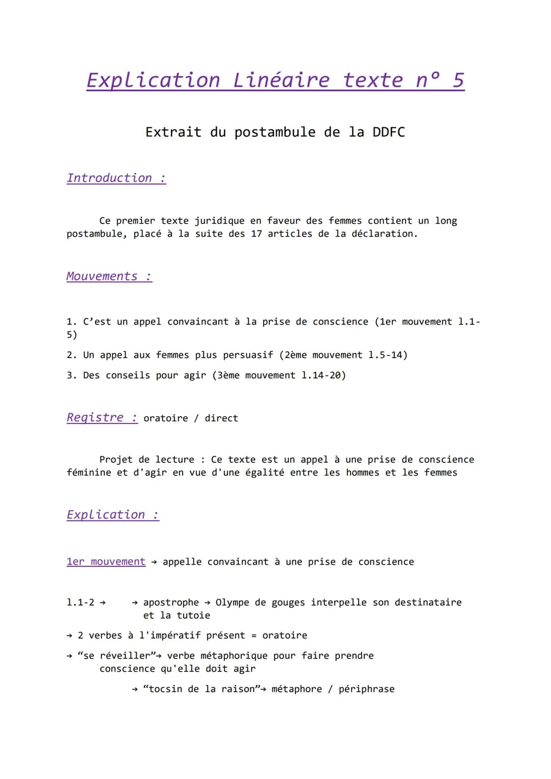 Explication Linéaire texte n° 5
Extrait du postambule de la DDFC
Introduction :
Ce premier texte juridique en faveur des femmes contient un 
